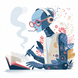Stylized illustration of a humanoid robot engaged in writing or drawing in an open book. The robot has a futuristic design with various mechanical elements and wires extending from its head, suggesting advanced technology or artificial intelligence. It is wearing glasses and has a pen in its hand, indicating a scholarly or creative activity. The background is adorned with colorful, abstract floral patterns, adding a vibrant and artistic touch to the scene. The overall composition blends elements of technology and nature, creating a visually engaging and imaginative depiction.