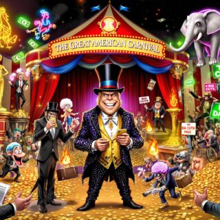 An exaggerated and chaotic circus scene symbolizing political satire, featuring a flamboyant ringmaster as a central figure surrounded by absurd characters and activities, highlighting themes of absurdity and criticism.