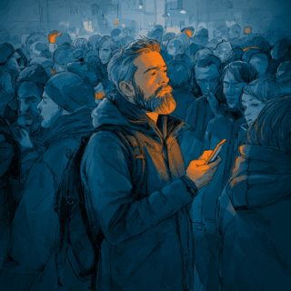 a densely packed crowd of people, predominantly in shades of blue, with one man standing out in the foreground. This man, illuminated in warm orange tones, is wearing a dark jacket and a backpack, and he is looking at his smartphone. The crowd around him appears to be in a busy urban setting, possibly during the evening or night, as suggested by the dim lighting and the glow from the windows of buildings in the background. The overall atmosphere suggests a bustling city scene with people engaged in various activities.